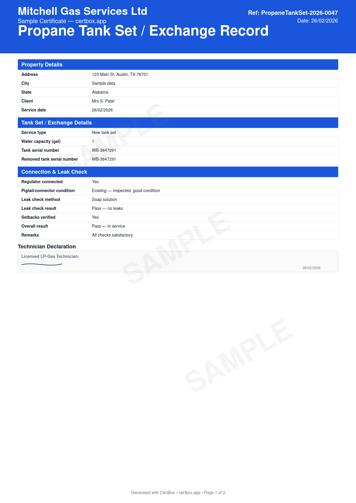 Sample Propane Tank Set / Exchange Record certificate created with CertBox, showing the professional PDF layout with container size and above/underground type, placement and distance separations, regulator type and setting