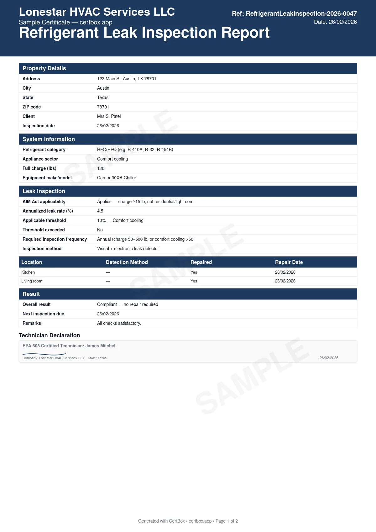 Sample Refrigerant Leak Inspection Report (>50 lb Systems) certificate created with CertBox, showing the professional PDF layout with refrigerant category (ods vs. hfc/hfo) and applicable federal regime, full charge and appliance sector (comfort cooling / commercial refrigeration / industrial process), annualized leak rate vs. applicable threshold (10%/20%/30%)