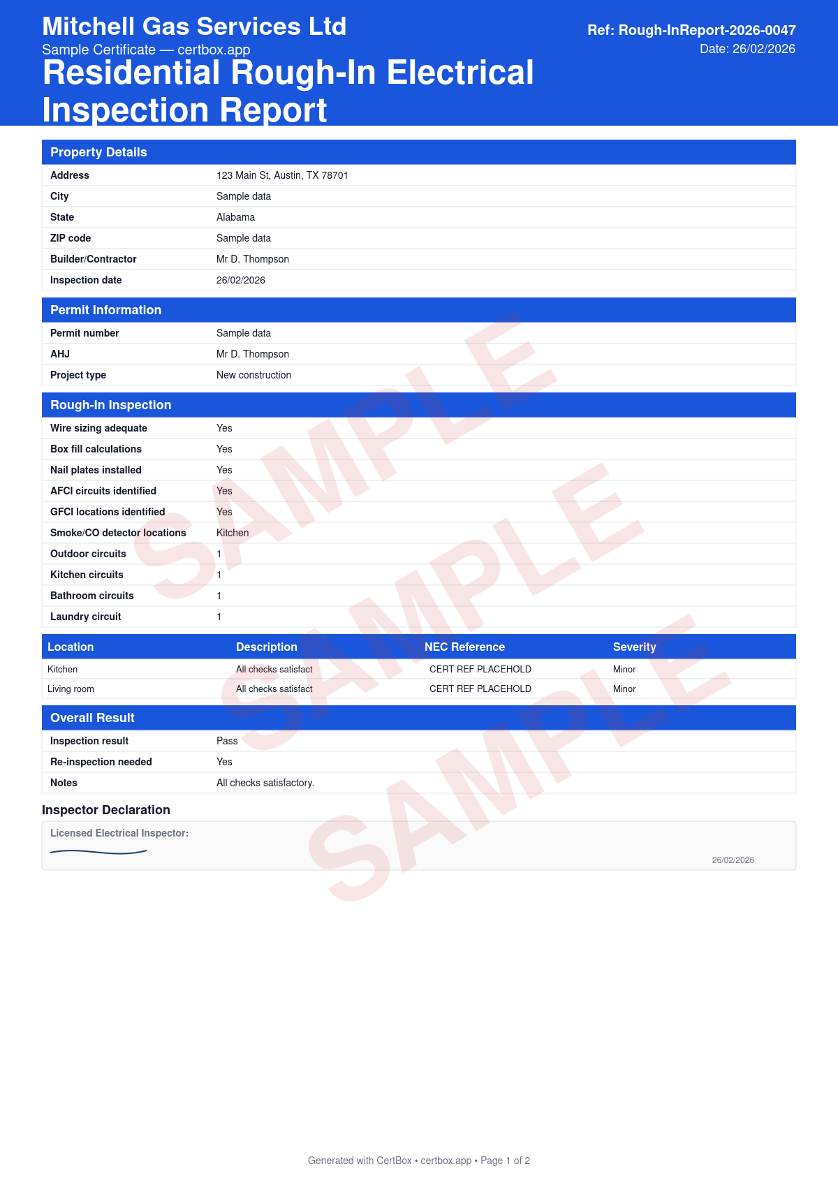 Sample Residential Rough-In Electrical Inspection Report certificate created with CertBox, showing the professional PDF layout with wire sizing and routing, box fill calculations, nail plate protection