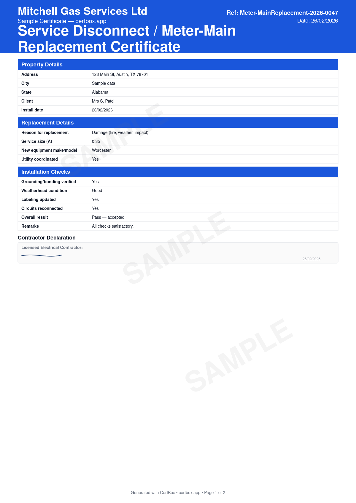 Sample Service Disconnect / Meter-Main Replacement Certificate certificate created with CertBox, showing the professional PDF layout with existing and replacement equipment rating, reason for replacement (damage, corrosion, recall), grounding electrode and bonding