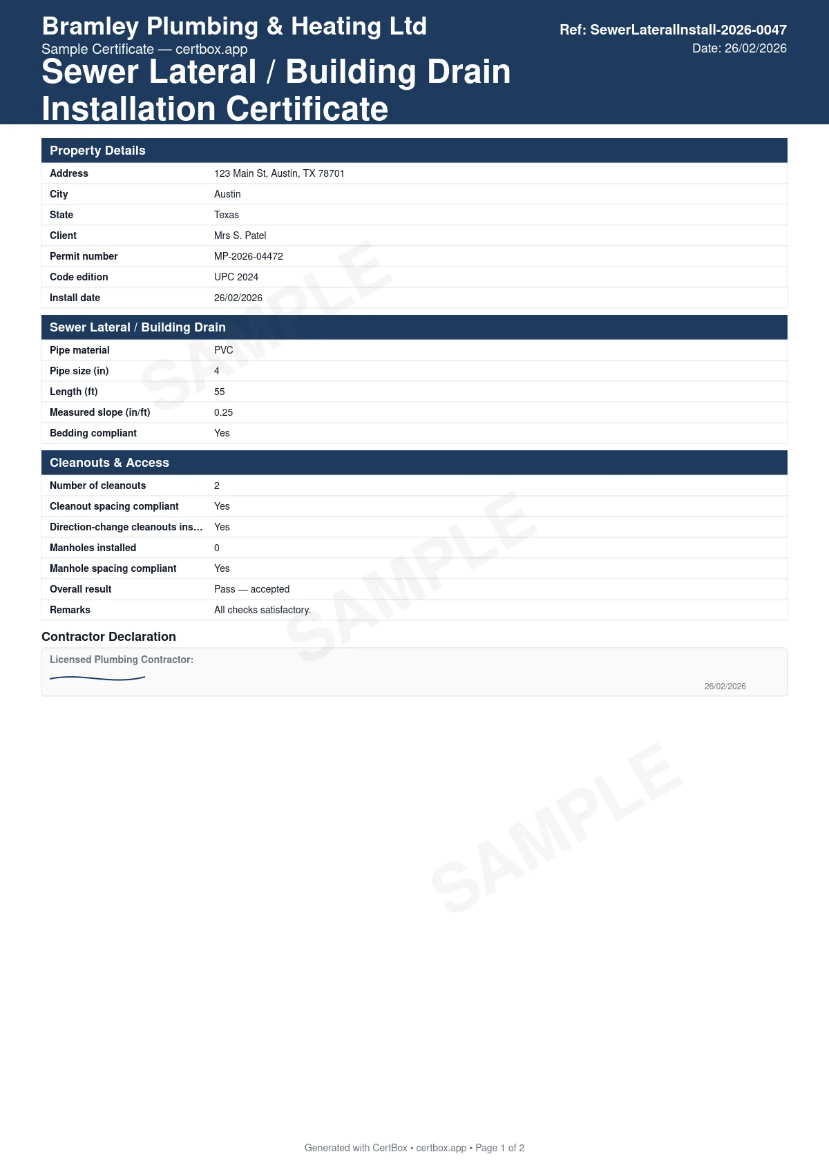 Sample Sewer Lateral / Building Drain Installation Certificate certificate created with CertBox, showing the professional PDF layout with pipe material, size, and measured slope, bedding and backfill compliance, cleanout count and spacing