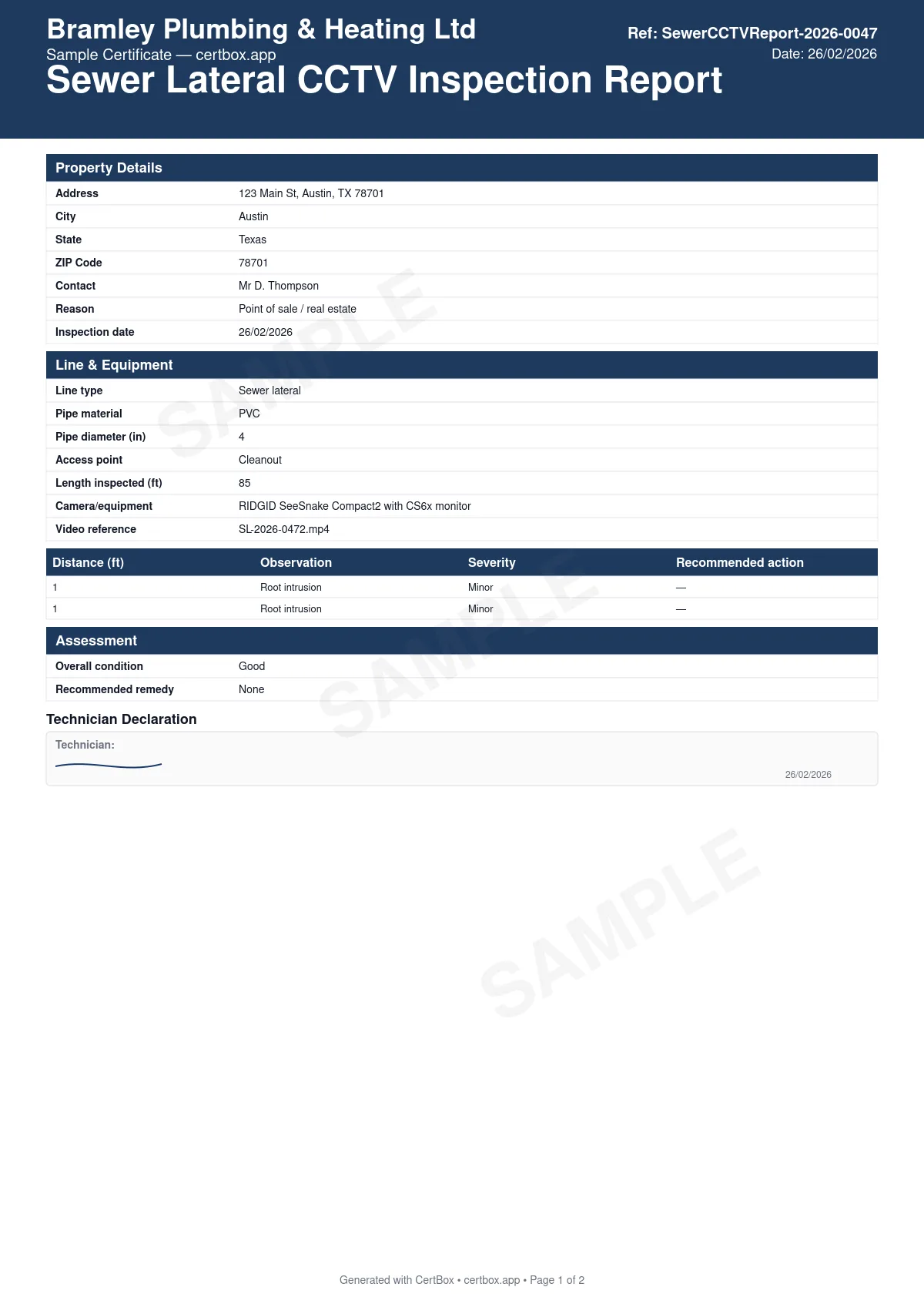 Sample Sewer Lateral CCTV Inspection Report certificate created with CertBox, showing the professional PDF layout with line type, pipe material, and length inspected, distance-referenced observations (root intrusion, cracks, offsets, blockage, corrosion, etc.), overall condition and recommended remedy