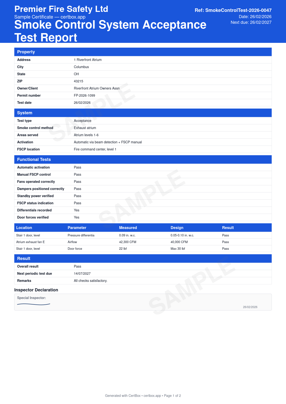 Sample Smoke Control System Acceptance Test Report certificate created with CertBox, showing the professional PDF layout with smoke control method and areas served, automatic and manual (fscp) operation, fan and damper response