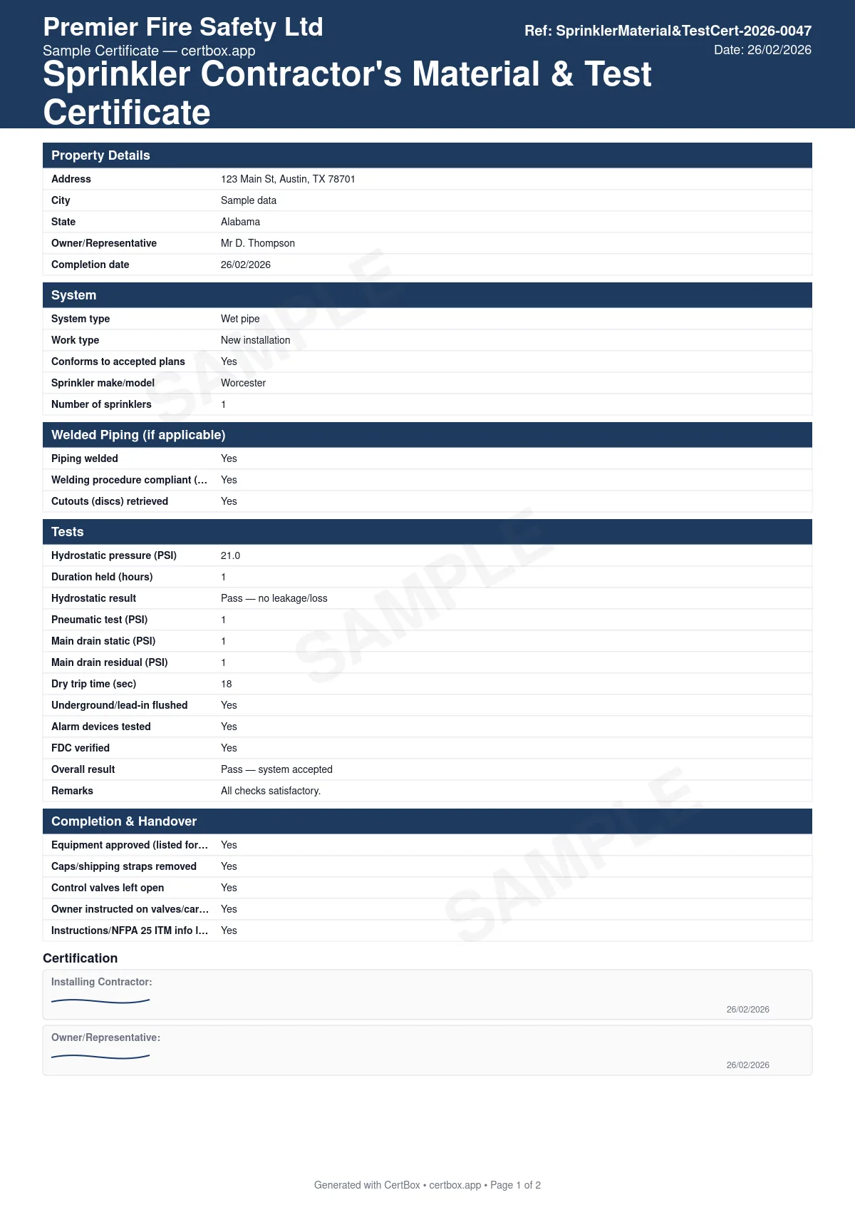 Sample Sprinkler Contractor's Material & Test Certificate (NFPA 13) certificate created with CertBox, showing the professional PDF layout with installation conformance to accepted plans, sprinkler make, model, orifice size and temperature rating, welding qc (aws b2.1/asme ix) where applicable