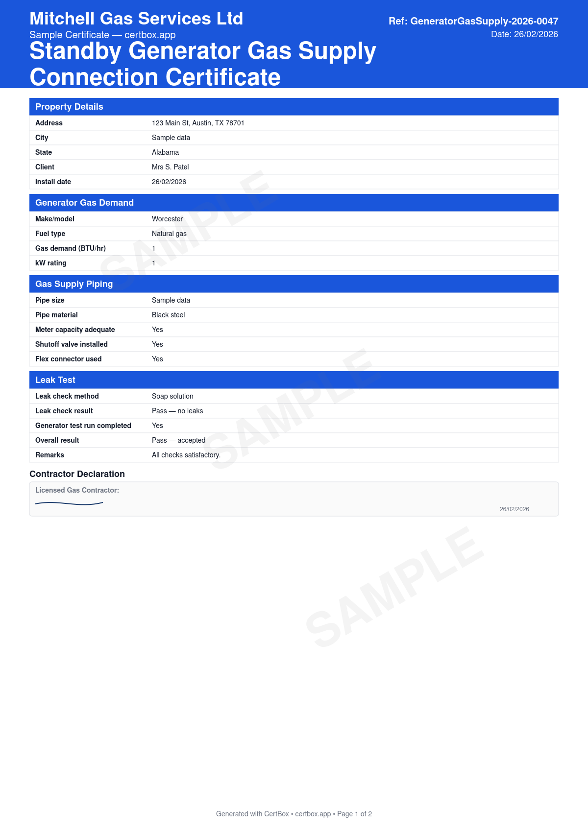 Sample Standby Generator Gas Supply Connection Certificate certificate created with CertBox, showing the professional PDF layout with generator fuel demand (btu/hr), pipe sizing and pressure, sediment trap and shut-off valve