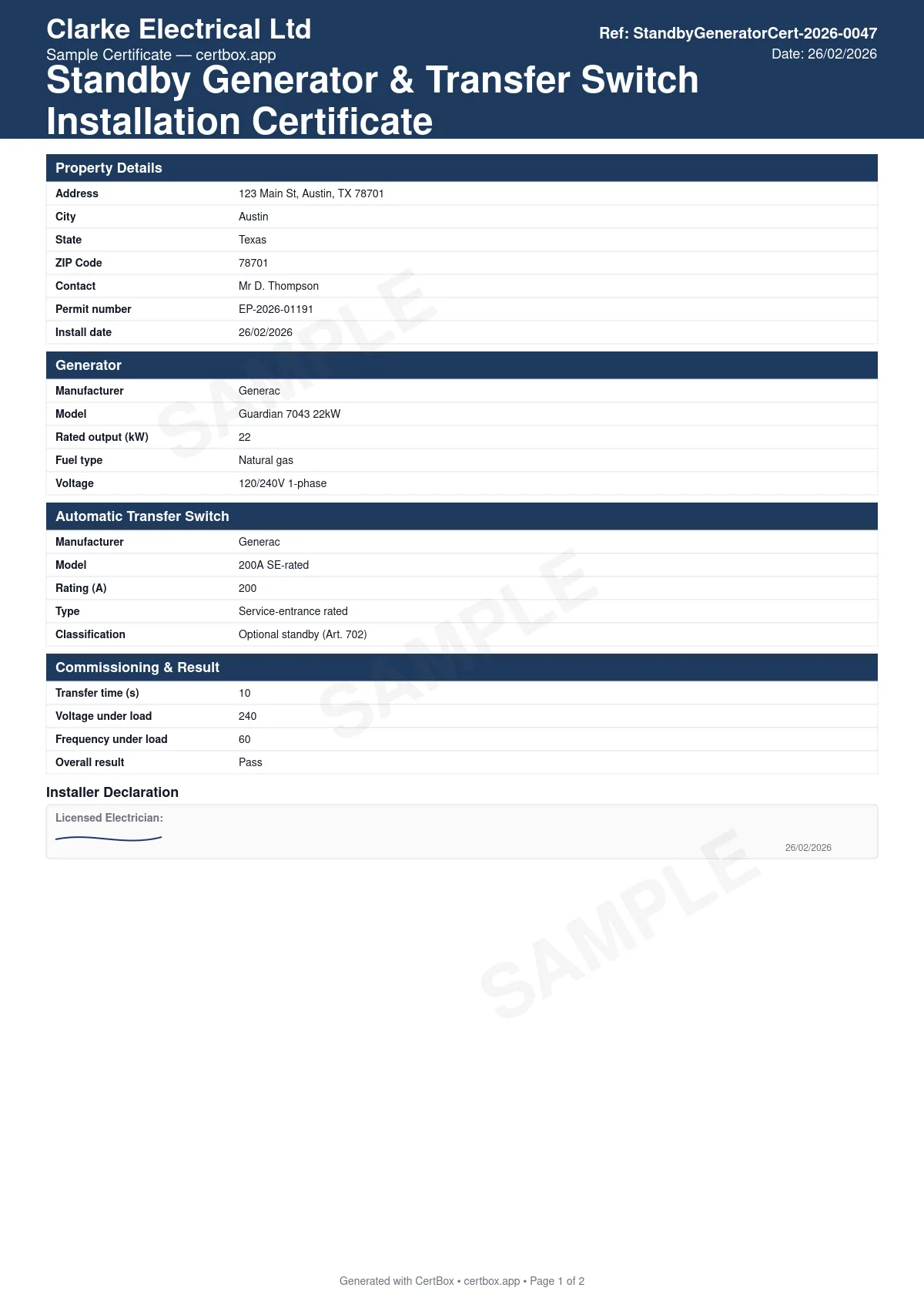 Sample Standby Generator & Transfer Switch Installation Certificate certificate created with CertBox, showing the professional PDF layout with generator rating and fuel type, ats manufacturer, rating and type, nec standby classification (art. 700/701/702)