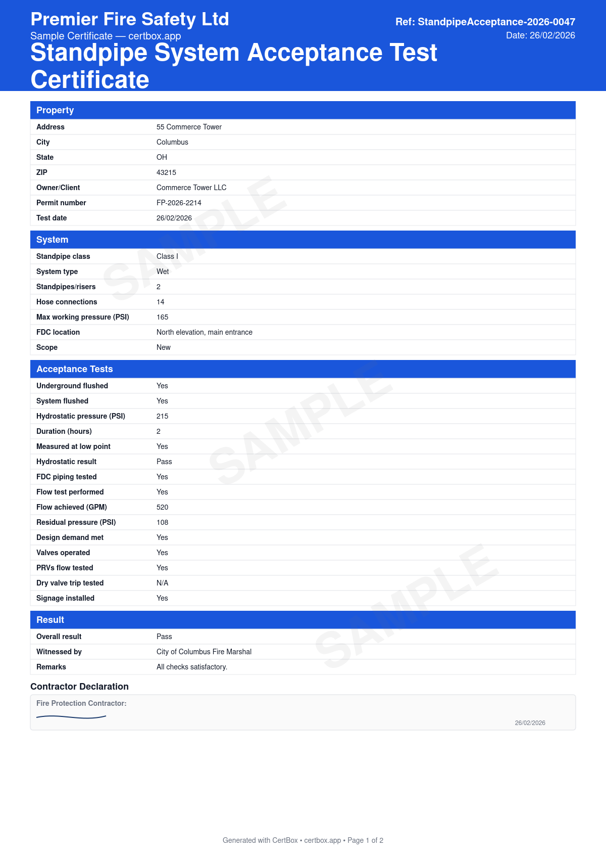 Sample Standpipe System Acceptance Test Certificate certificate created with CertBox, showing the professional PDF layout with standpipe class and system type, flushing of supply and system piping, hydrostatic test pressure and duration