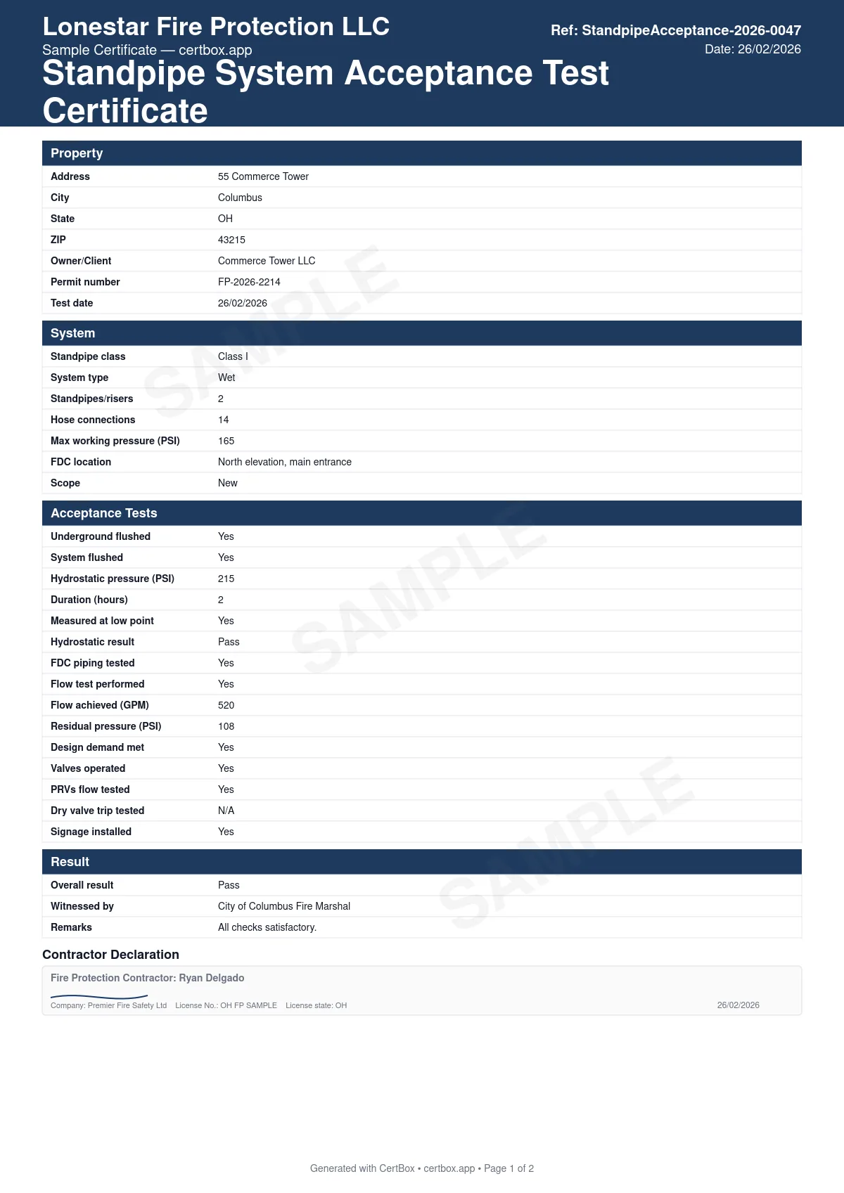 Sample Standpipe System Acceptance Test Certificate certificate created with CertBox, showing the professional PDF layout with standpipe class and system type, flushing of supply and system piping, hydrostatic test pressure and duration