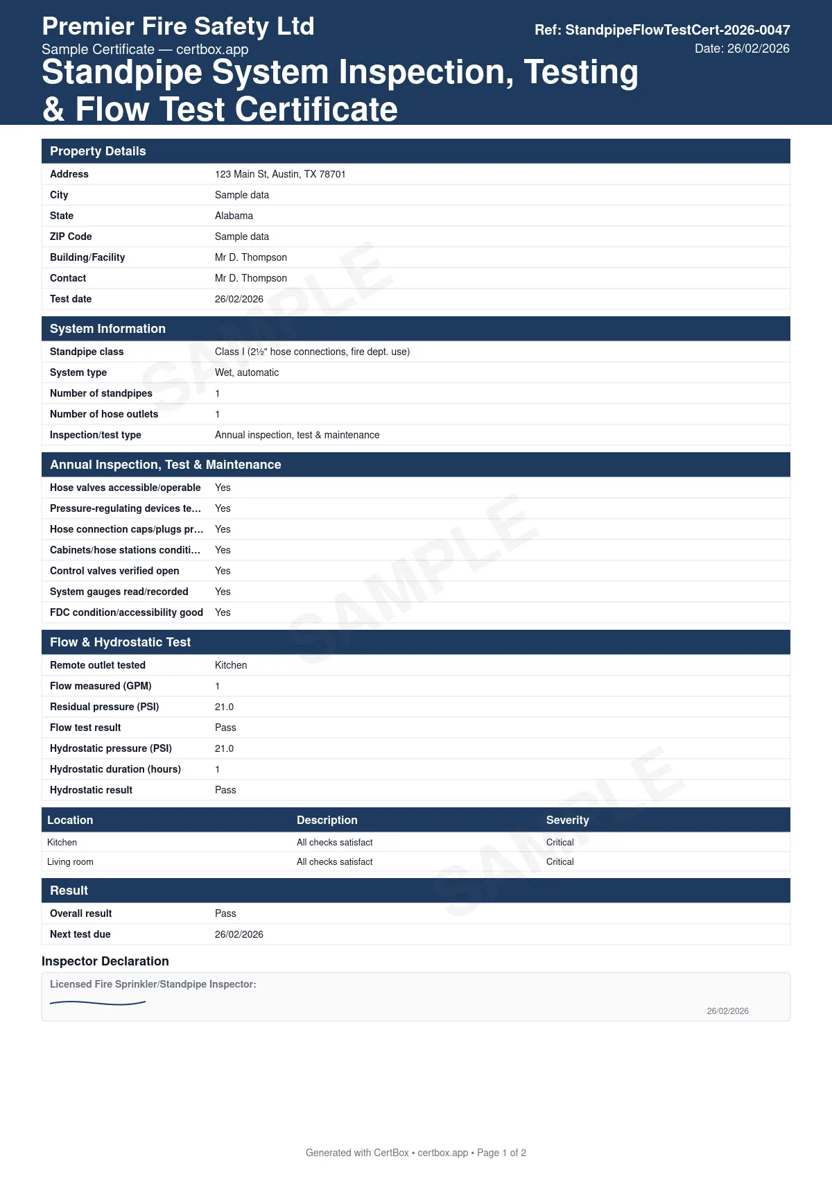Sample Standpipe System Inspection, Testing & Flow Test Certificate (NFPA 25) certificate created with CertBox, showing the professional PDF layout with standpipe class (i, ii, or iii) and system type, number of standpipes and hose outlets/stations, hose valve accessibility and operability