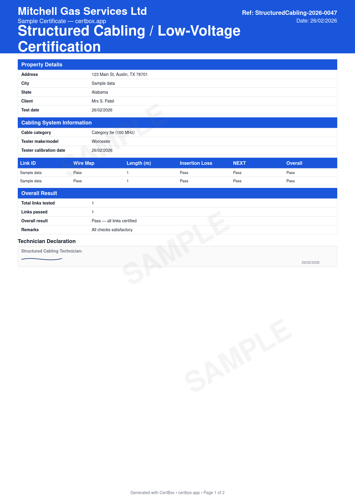 Sample Structured Cabling / Low-Voltage Certification certificate created with CertBox, showing the professional PDF layout with cable category and connector type, permanent link or channel tested, test instrument and settings