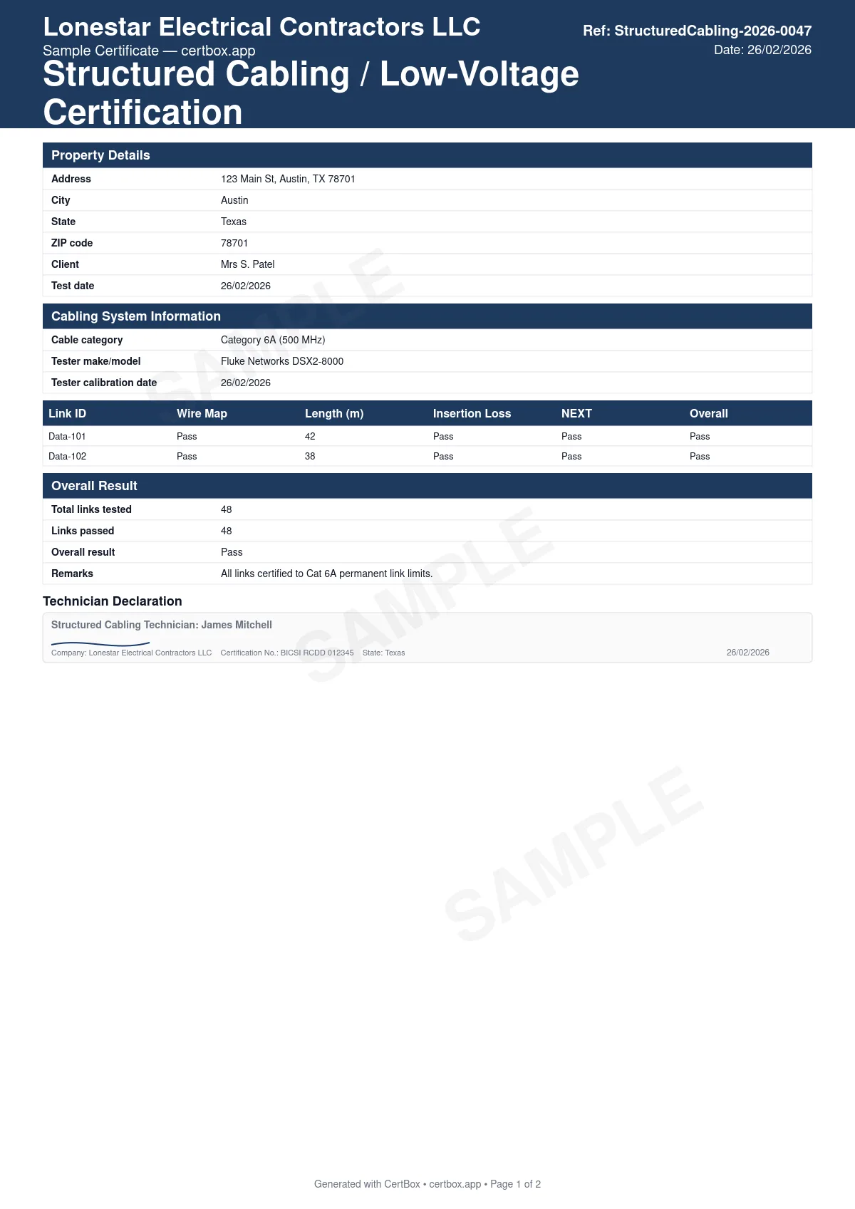 Sample Structured Cabling / Low-Voltage Certification certificate created with CertBox, showing the professional PDF layout with cable category and connector type, permanent link or channel tested, test instrument and settings