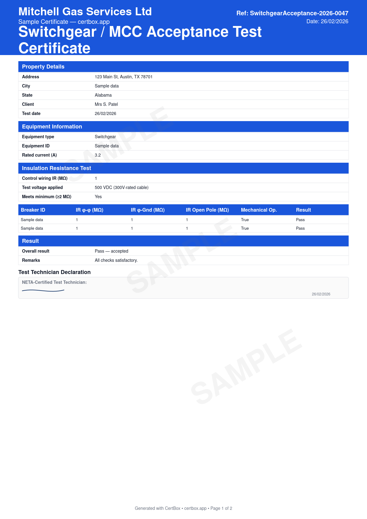 Sample Switchgear / MCC Acceptance Test Certificate certificate created with CertBox, showing the professional PDF layout with equipment ratings and configuration, insulation resistance readings, contact and connection resistance