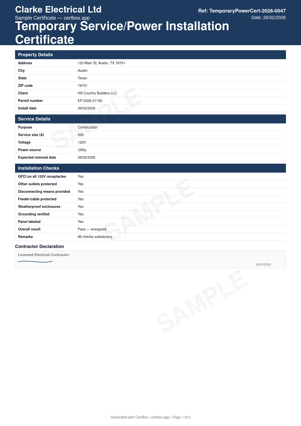 Sample Temporary Service/Power Installation Certificate certificate created with CertBox, showing the professional PDF layout with service size and voltage, gfci protection on all temporary receptacles (nec 590.6), disconnecting means