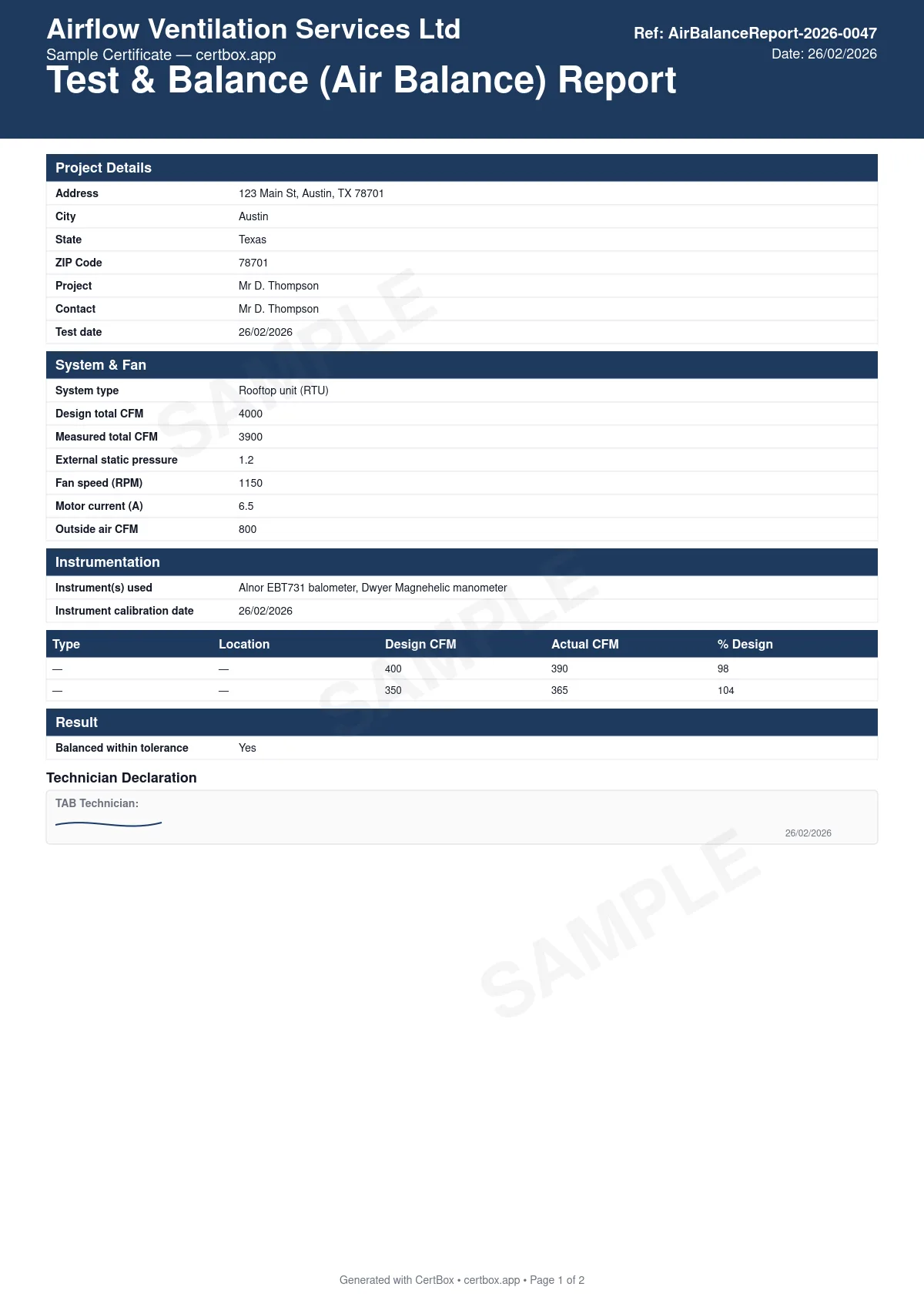 Sample Test & Balance (Air Balance) Report certificate created with CertBox, showing the professional PDF layout with system and fan performance data, outlet-by-outlet design vs. actual airflow, external static pressure and motor current