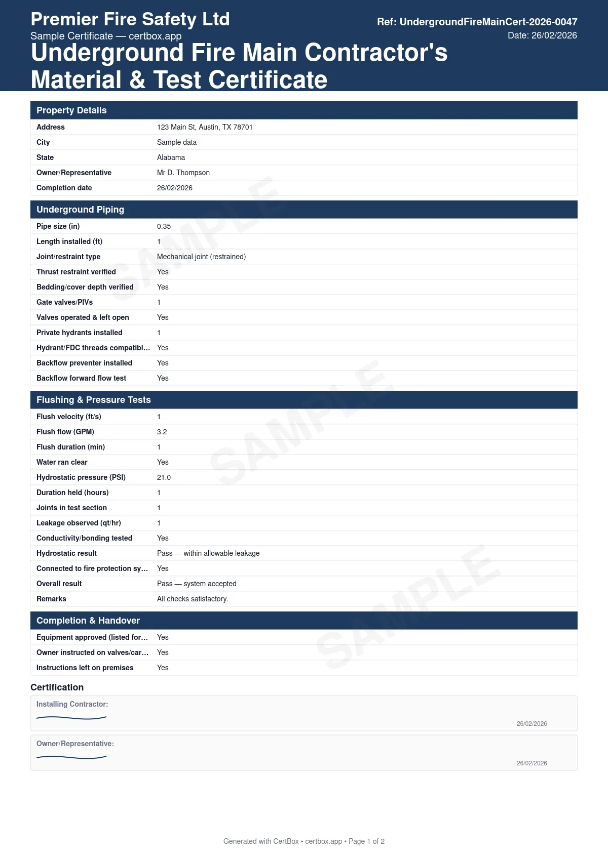 Sample Underground Fire Main Contractor's Material & Test Certificate (NFPA 24) certificate created with CertBox, showing the professional PDF layout with pipe material, size, and length installed, flushing verification before testing, hydrostatic test result and allowable leakage