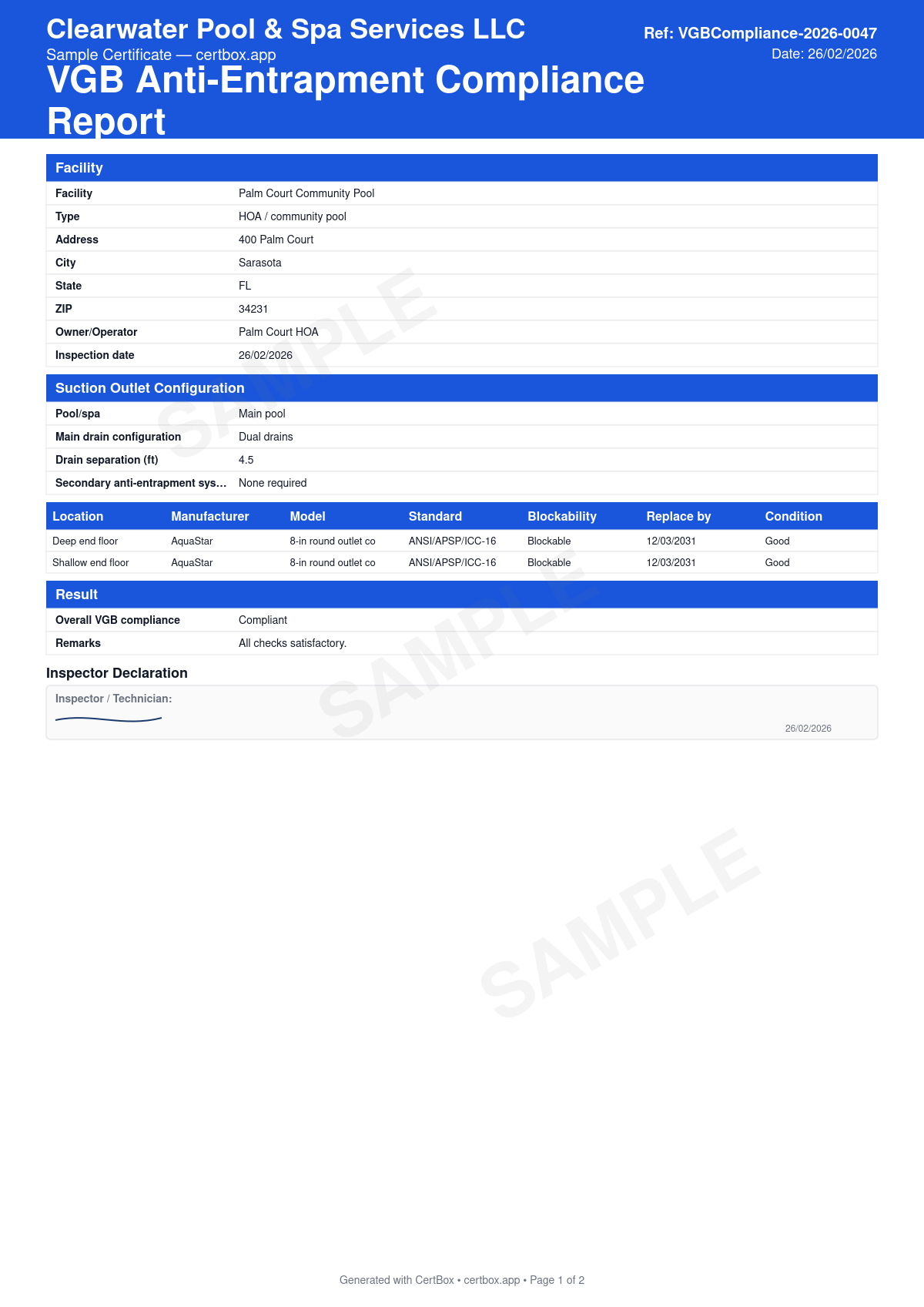 Sample VGB Anti-Entrapment Compliance Report certificate created with CertBox, showing the professional PDF layout with drain cover inventory with ansi/apsp/icc-16 markings, blockable vs unblockable designation, drain configuration and 3-ft separation
