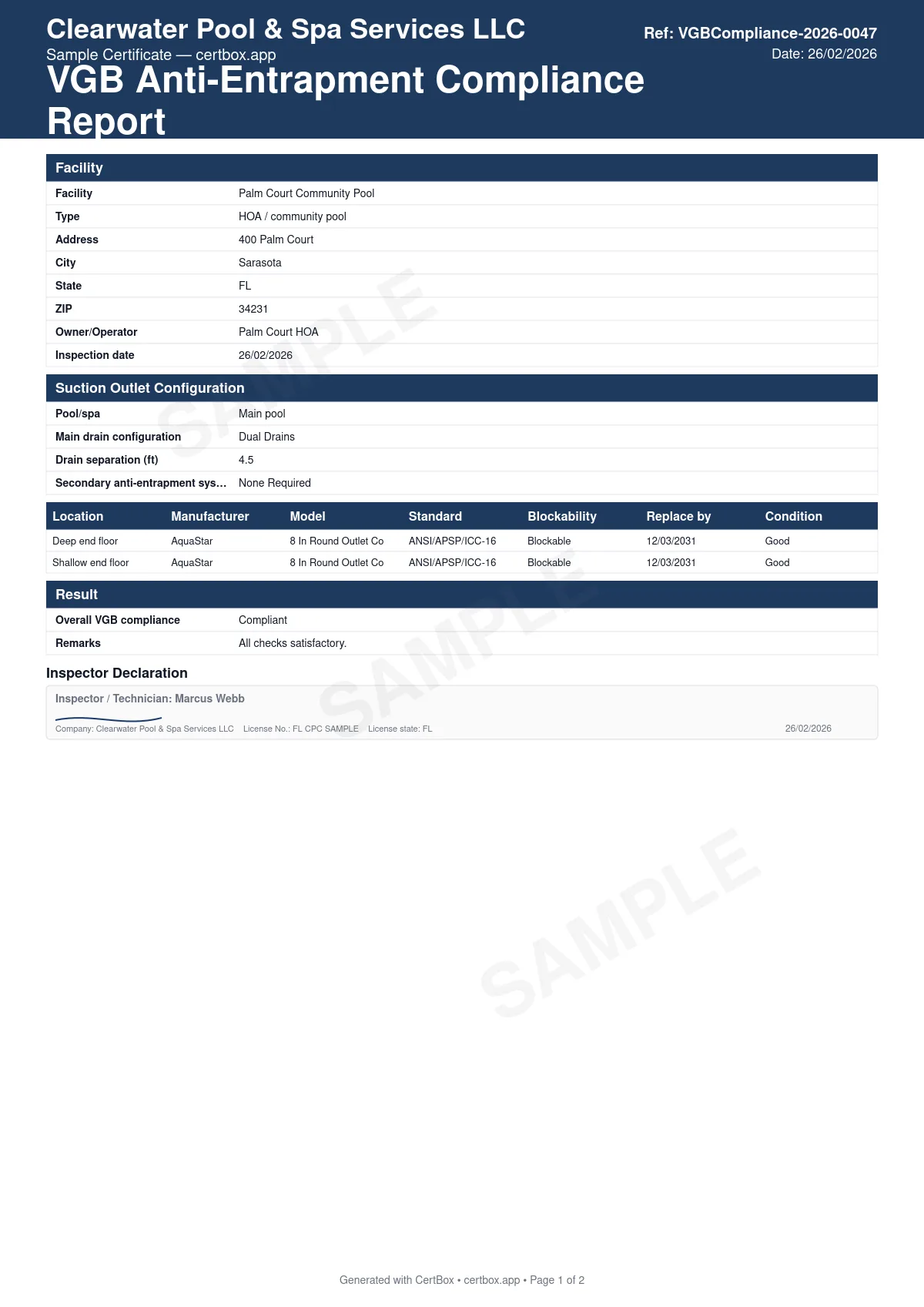 Sample VGB Anti-Entrapment Compliance Report certificate created with CertBox, showing the professional PDF layout with drain cover inventory with ansi/apsp/icc-16 markings, blockable vs unblockable designation, drain configuration and 3-ft separation