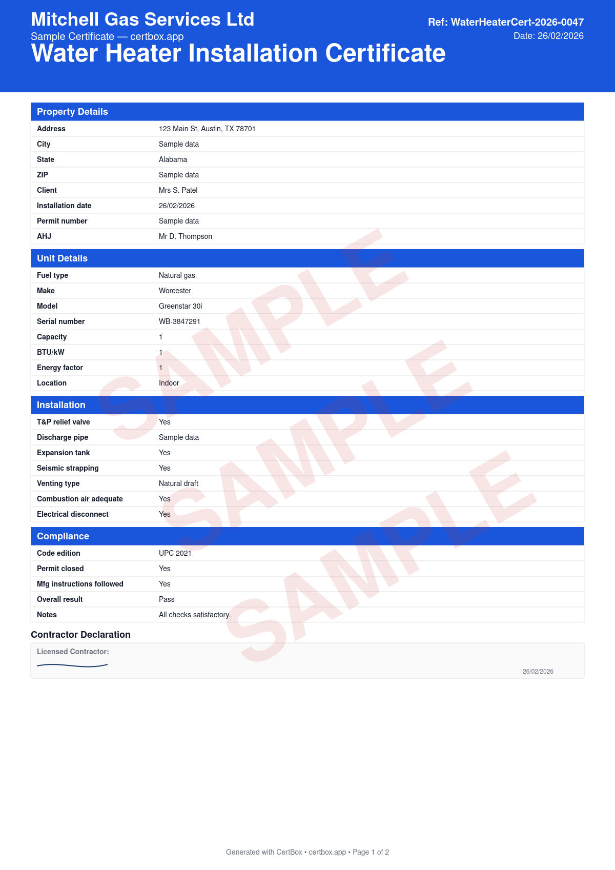 Sample Water Heater Installation Certificate certificate created with CertBox, showing the professional PDF layout with unit specifications and fuel type, t&p relief valve and discharge pipe, expansion tank installation