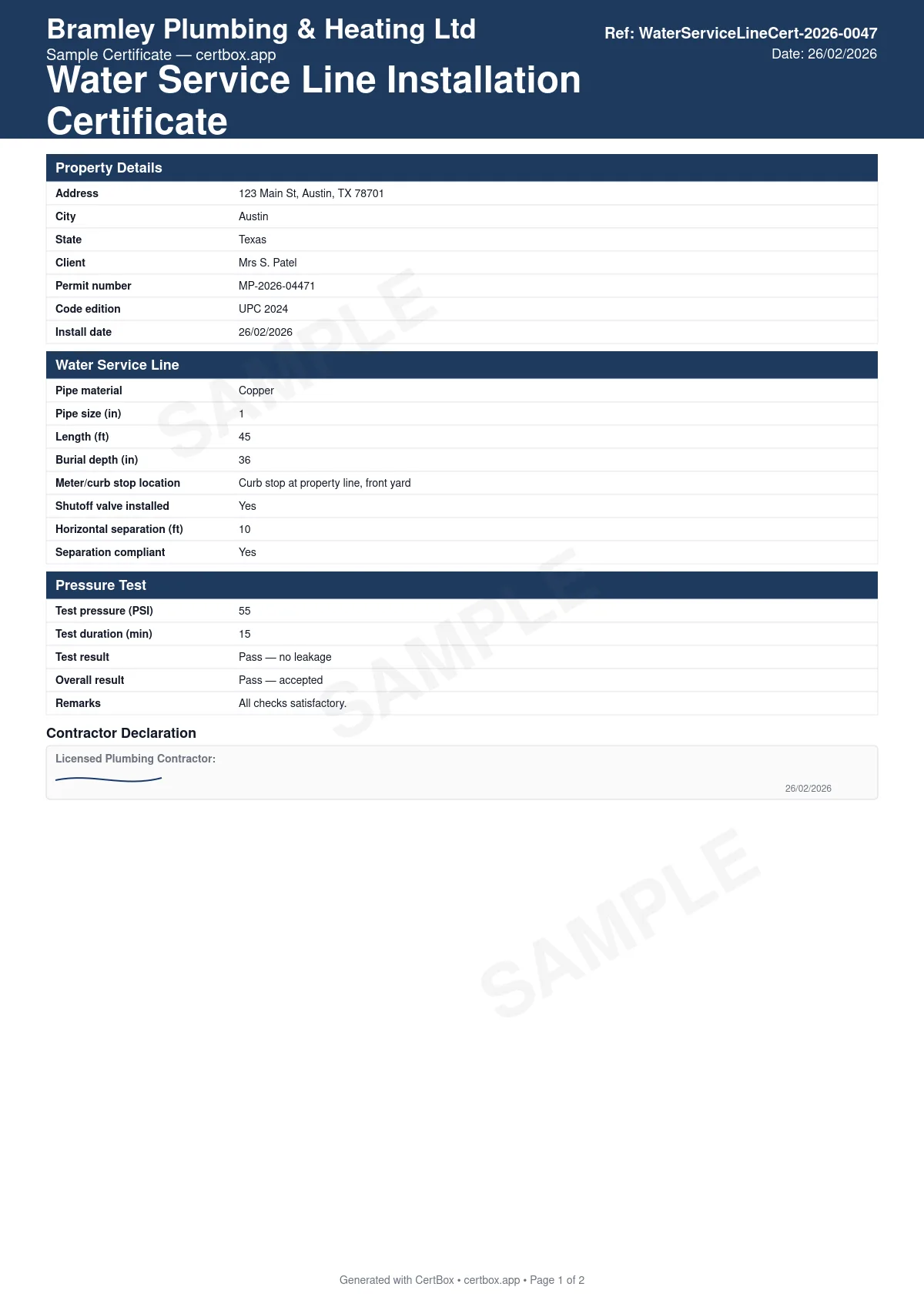 Sample Water Service Line Installation Certificate certificate created with CertBox, showing the professional PDF layout with pipe material, size, and burial depth, horizontal/vertical separation from sewer or drain lines, pressure test result