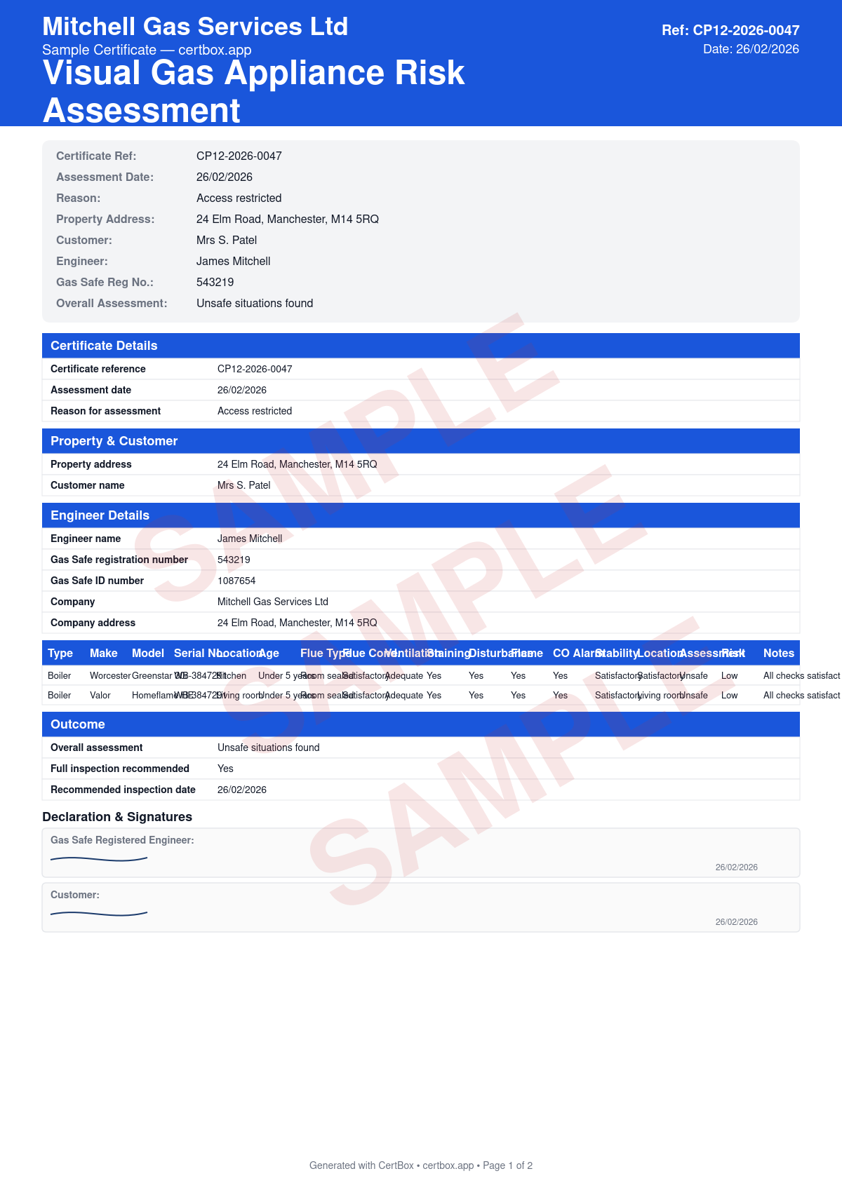 Sample Visual Gas Appliance Risk Assessment (CP9) certificate created with CertBox, showing the professional PDF layout with visible appliance condition assessment, signs of deterioration, staining, or damage, flue terminal condition (external visual check)