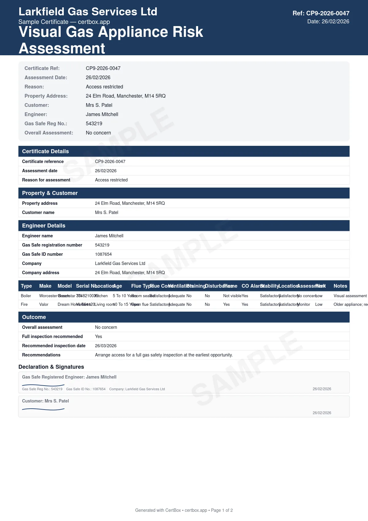 Sample Visual Gas Appliance Risk Assessment (CP9) certificate created with CertBox, showing the professional PDF layout with visible appliance condition assessment, signs of deterioration, staining, or damage, flue terminal condition (external visual check)