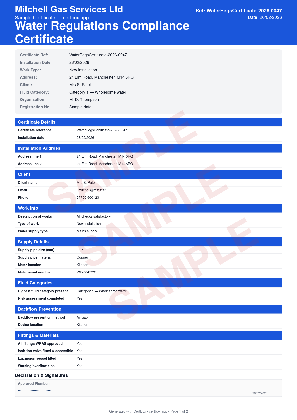 Sample Water Regulations Compliance Certificate certificate created with CertBox, showing the professional PDF layout with description of plumbing work carried out, backflow prevention measures, water fitting compliance