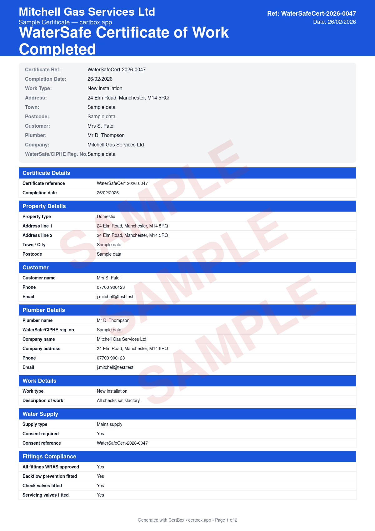 Sample WaterSafe Certificate of Work Completed certificate created with CertBox, showing the professional PDF layout with description of plumbing work completed, compliance with water fittings regulations, backflow prevention measures
