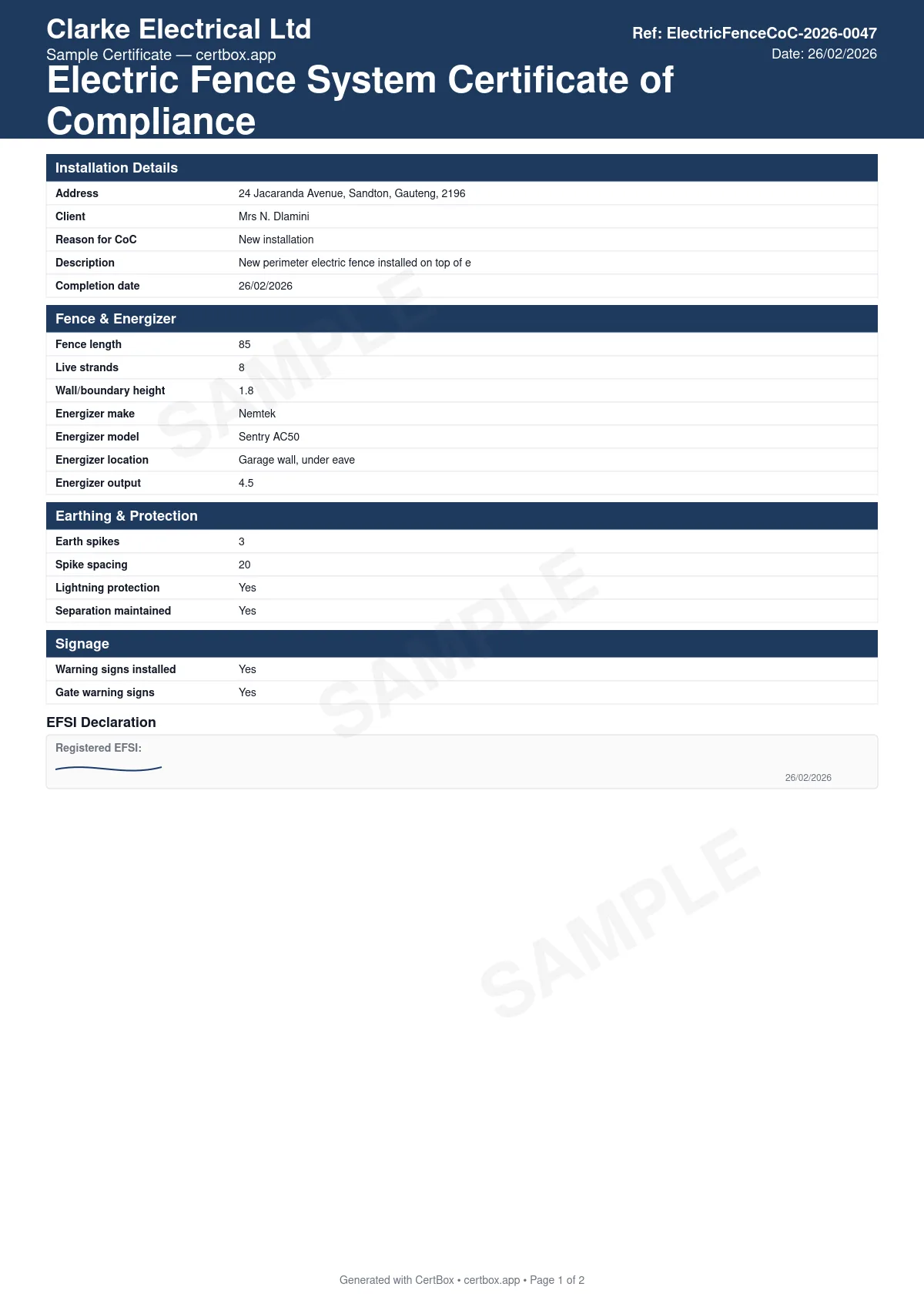 Sample Electric Fence System Certificate of Compliance (CoC) certificate created with CertBox, showing the professional PDF layout with installation address, client details, and reason for coc (new installation, addition/alteration, or change of ownership), fence length, live strands, wall/boundary height, and energizer make, model, and output (joules), earth spike count and spacing, and lightning/surge protection at the energizer