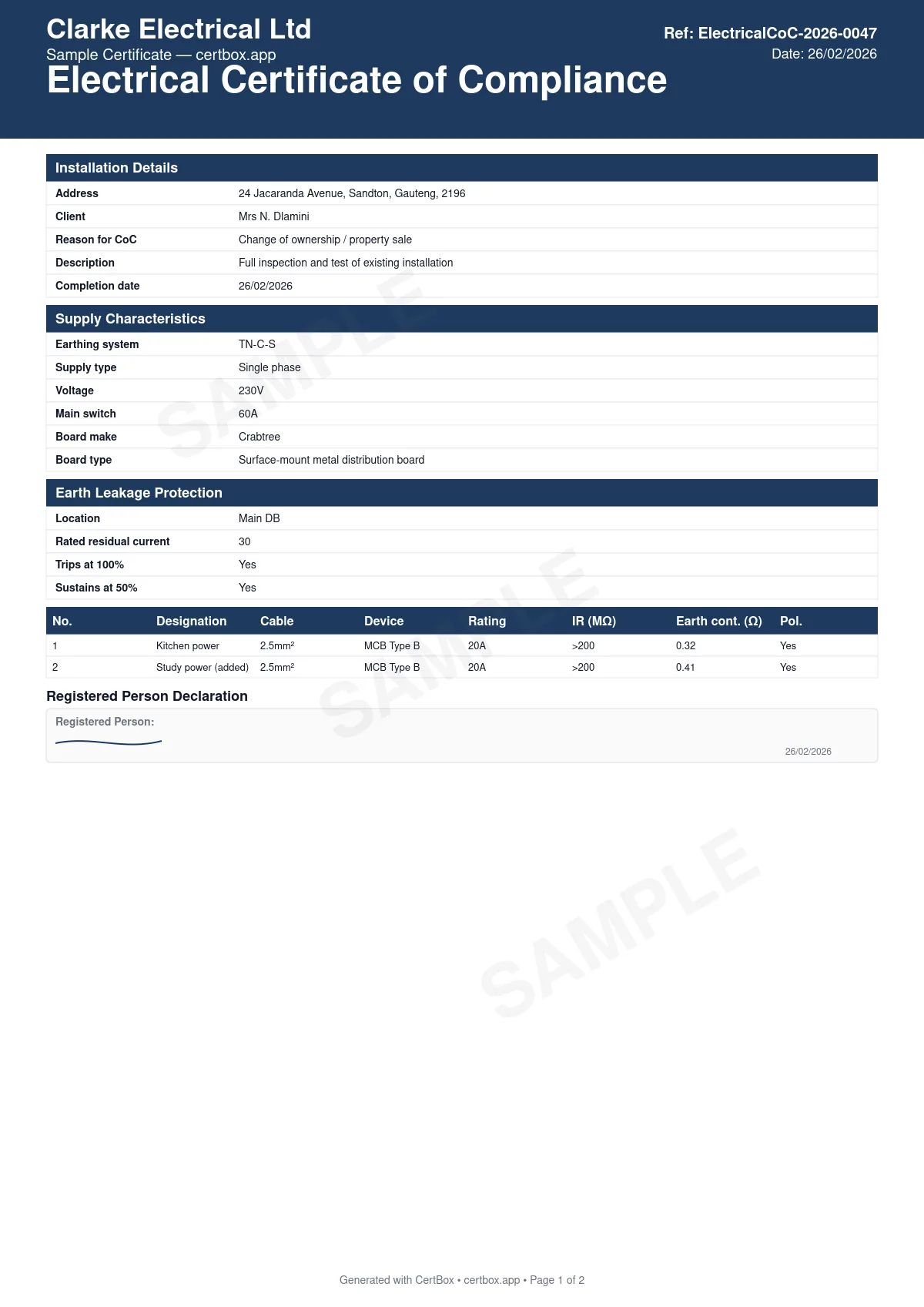 Sample Electrical Certificate of Compliance (CoC) certificate created with CertBox, showing the professional PDF layout with installation address, client details, and reason for coc (new installation, addition/alteration, or change of ownership), earthing system (tn-c-s, tn-s, tt) and supply characteristics, distribution board make, type, and main switch rating