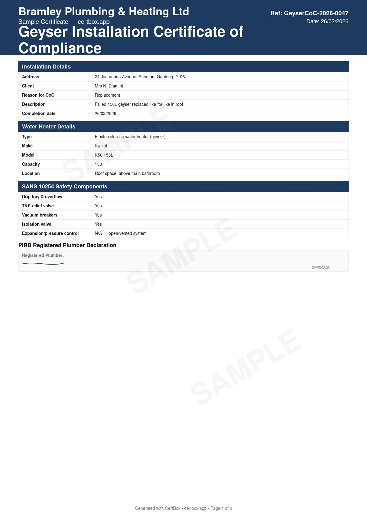 Sample Geyser Installation Certificate of Compliance (CoC) certificate created with CertBox, showing the professional PDF layout with installation address, client details, and reason for coc (new installation, replacement, repair, or change of ownership), water heater type (electric, solar, or heat pump), make, model, capacity, and location, drip tray and overflow pipe routed to the exterior